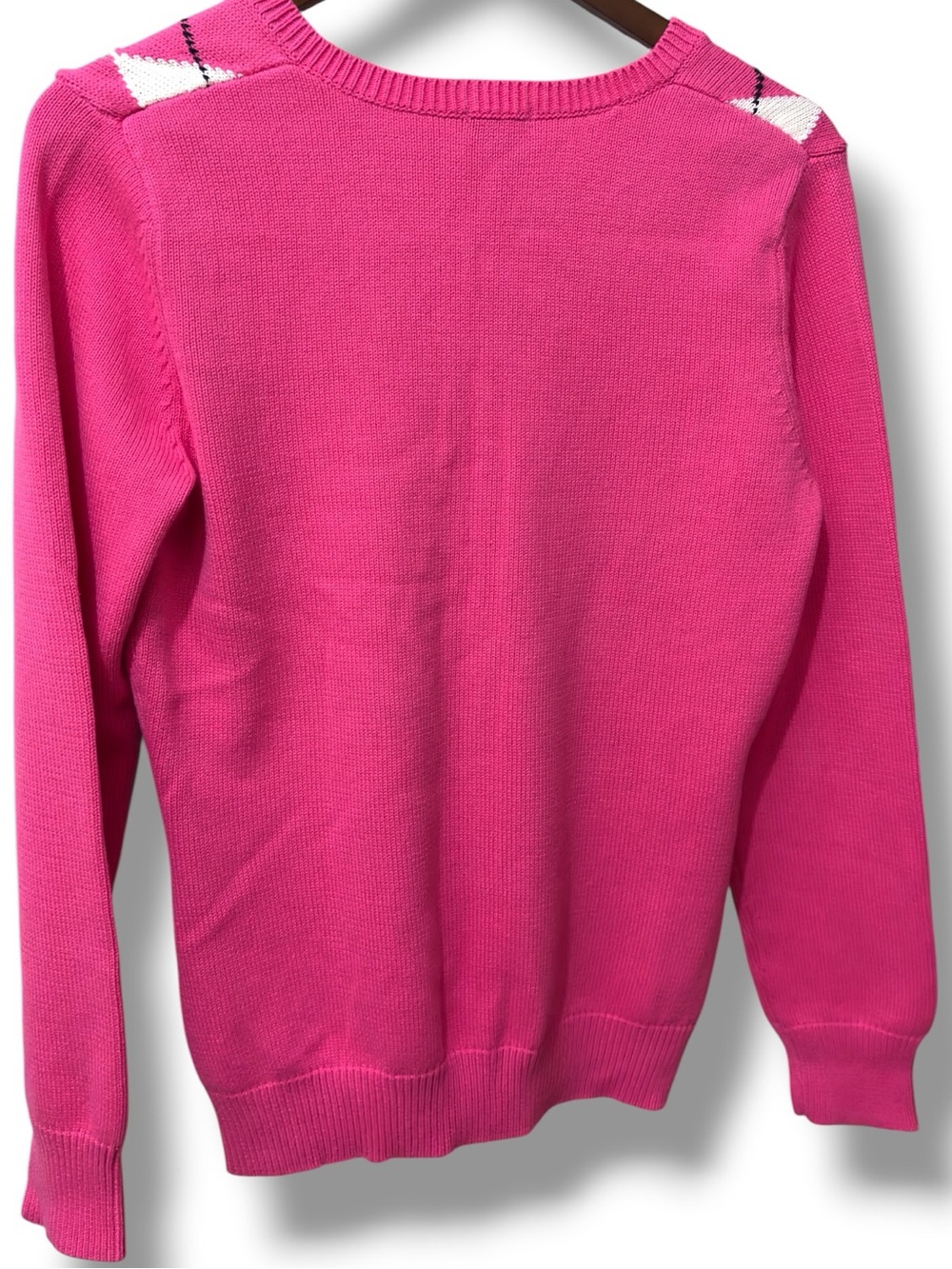 IZOD Golf | VTG Y2K 100% Cotton Women's Hot Pink White Argyle V-Neck Sweater(M) - Picture 4 of 14